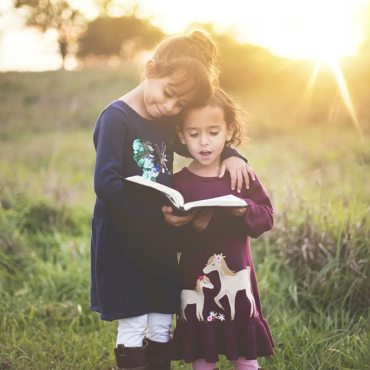 Deux sœurs lisant un livre dans un champ